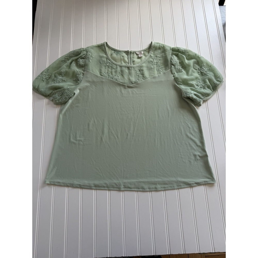 Cato‎ XL Seafoam Green Lace Puff Sleeve Blouse Romantic Cottagecore Top